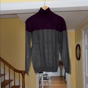 Calvin Klein Two-Tone Cowl Neck Sweater in Plum and Gray